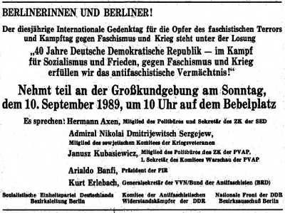 Aufruf zur Kundgebung am 10.09.1989 auf dem Berliner Bebelplatz