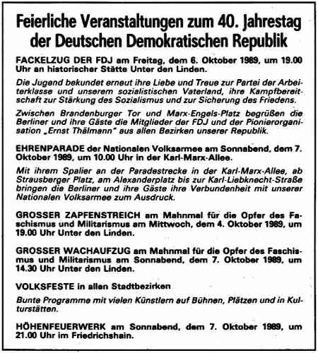 Anzeige über die feierlichkeiten zum 40zigsten Jahrestag der DDR