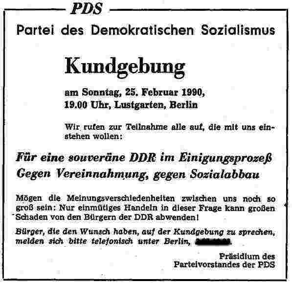 Die PDS ruft zu einer Kundgebung für eine souveräne DDR und gegen Sozialabbau in Berlin auf
