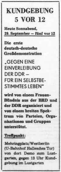 Demoaufruf für selbsbestimmtes Leben 29.09.1990 in Berlin