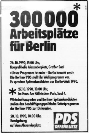 Anzeige der PDS 300 000 Arbeitsplätze für Berlin