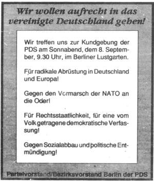 Aufruf zu einer Kundgebung der PDS am 08.09.1990 Berliner Lustgarten unter dem Motto: Wir wollen aufrecht in das vereinigte Deutschland gehen!
