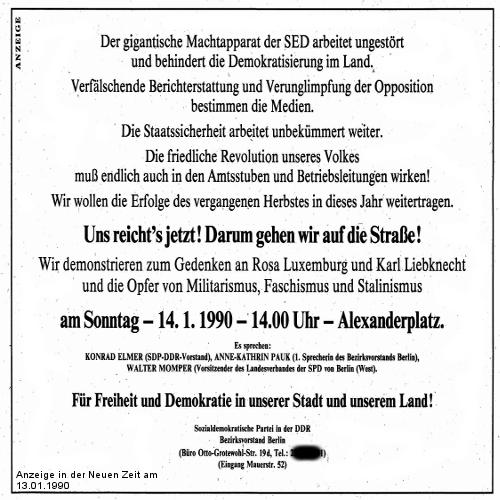 Aufruf zur Demonstration am 14.01.1990 in Berlin-Alexanderplatz
