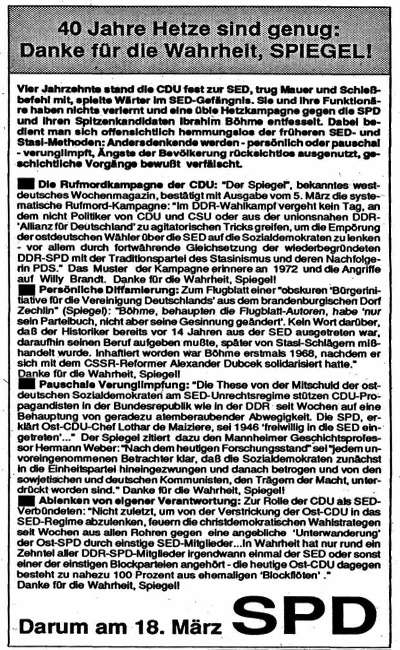 Sozialdemokratische Partei in der DDR: gegen Diffamierung durch die CDU zur Volkskammerwahl in der DDR am 18.03.1990
