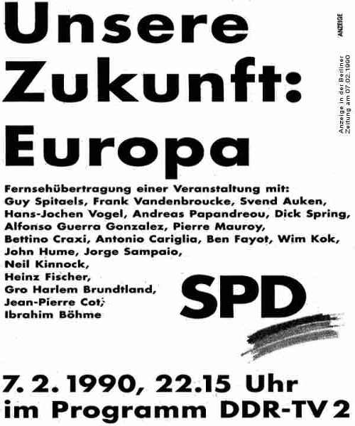 Sozialdemokratische Partei in der DDR: Unsere Zukunft: Europa. Hinweis auf eine Fernsehsendung zur Volkskammerwahl in der DDR am 18.03.1990