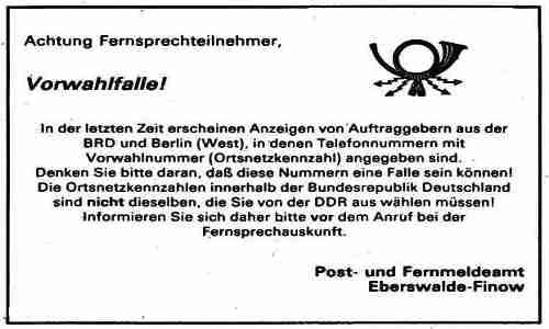 Warnung der Post aus Eberswalde-Finow vor betrügerischen Vorwahlnummern