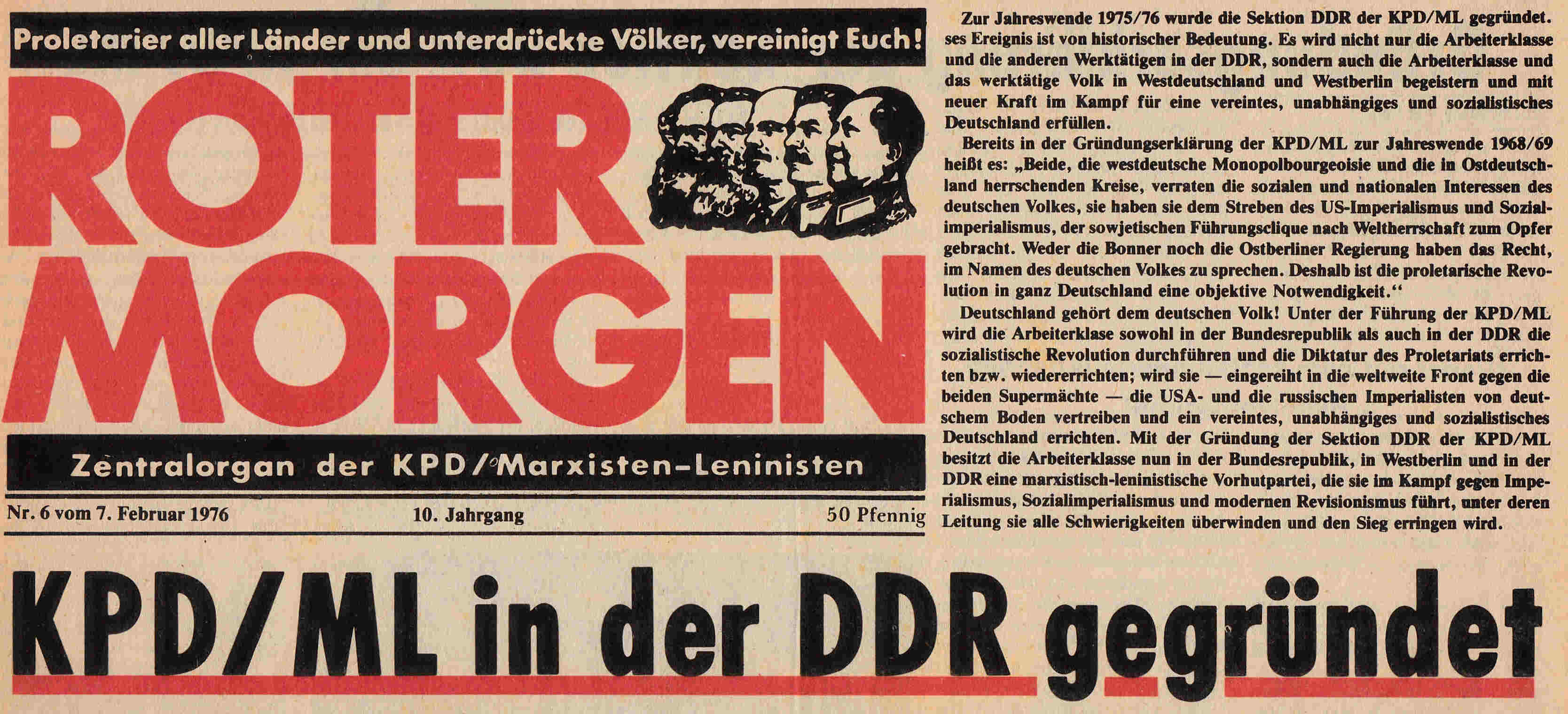 Das Zentralorgan der KPD/ML Roter Morgen verkündet die Gründung der KPD/ML in der DDR